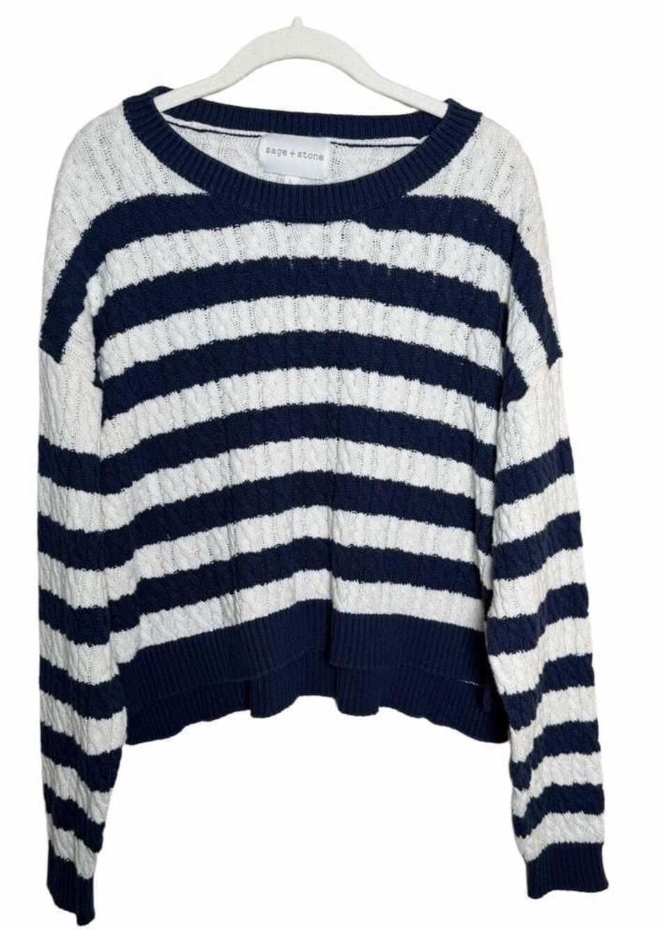 sage + stone Navy Blue and White Striped Cable Knit Crew Neck Sweater Size L